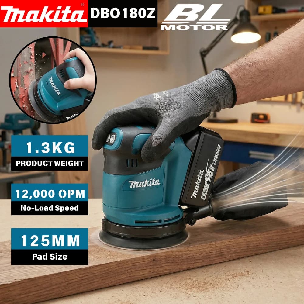 Makita DBO180Z 18V Brushless Cordless Disco ricaricabile Levigatrice orbitale casuale Lavorazione del legno Levigatura Stucco Lucidatura Strumento nudo