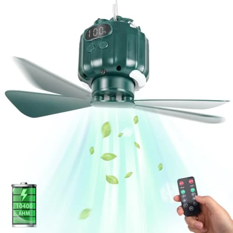 Ventilatore da soffitto portatile per tenda con luce e telecomando per campeggio, auto, camper - Alimentato a batteria USB, power bank, da appendere