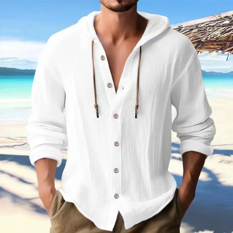Camicia di lino da uomo Solid Streetwear Felpa con cappuccio a maniche lunghe Cardigan Abbigliamento per uomo Top con bottoni Camicia con cappuccio da uomo allentata casual