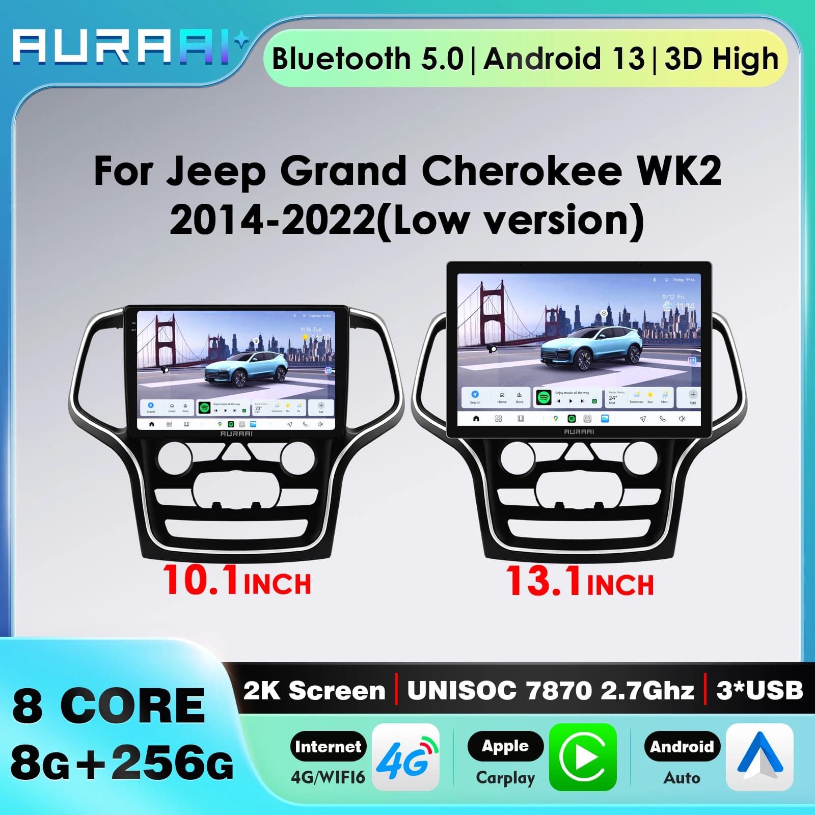 AURAAI CarPlay Autoradio per Jeep Grand Cherokee WK2 2014-2022 Navigazione GPS Lettore multimediale Android Auto Stereo Bluetooth BT