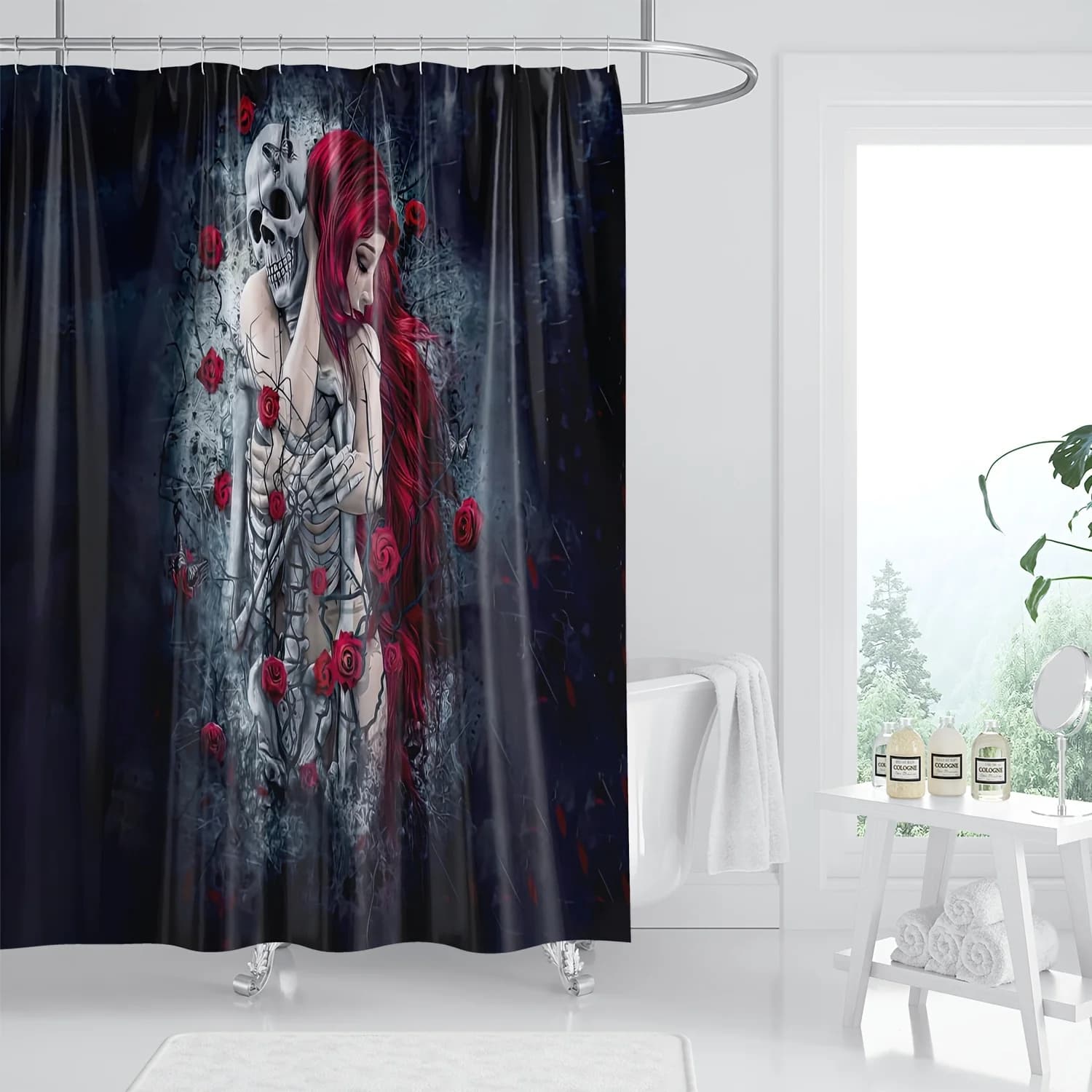 Tenda da doccia impermeabile resistente al muffa con scheletro Dark Romance e donna dai capelli rossi - Design d'arte gotica per un'arredamento del bagno audace