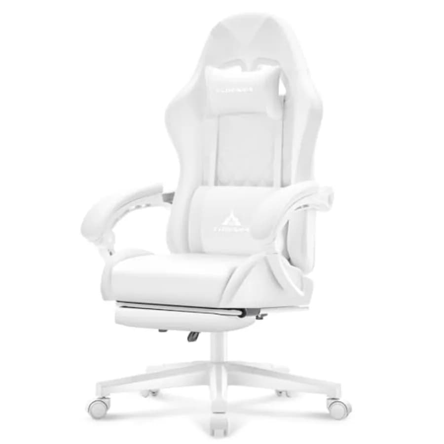 White Gaming Chair, Ergonomic Massage Computer Office Desk Chair with Footrest, Pocket Spring Cushion, Reclining Leather Adjust