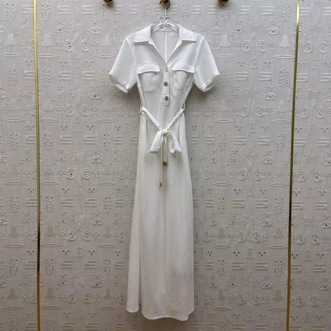 Abito Lungo Vintage in Misto Lino Stile Old Money da Donna, Nuovo Estate 2026, con Colletto, Bottoni Dorati, Cintura Sottile, Vestito Casual Ampio a Trapezio