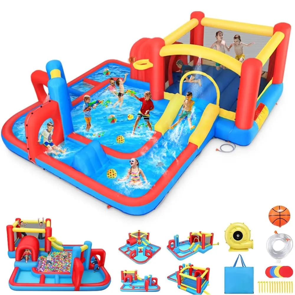 Scivolo acquatico gonfiabile, percorso a ostacoli acquatico a labirinto 14.3x14.3FT con area di salto, piscina splash, ostacoli, scivolo, sacco da boxe, B