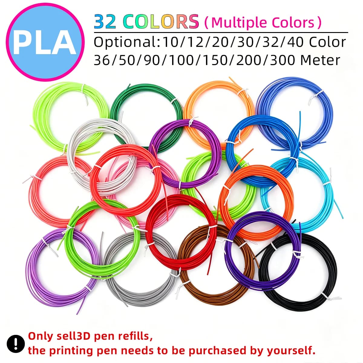 3D Pen PLA Filament Diameter 1.75MM Color 3D Printing Material for 3D Pen 9M/36M/50M/100M/200M Colorless, Odorless and Safe