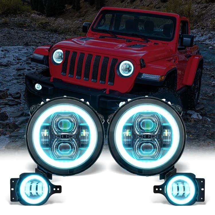 9 inch Halo RGB ring light combined with 4" fendinebbia with white DRL yellow direction indicator kit for Jeep Wrangler JL 2018+