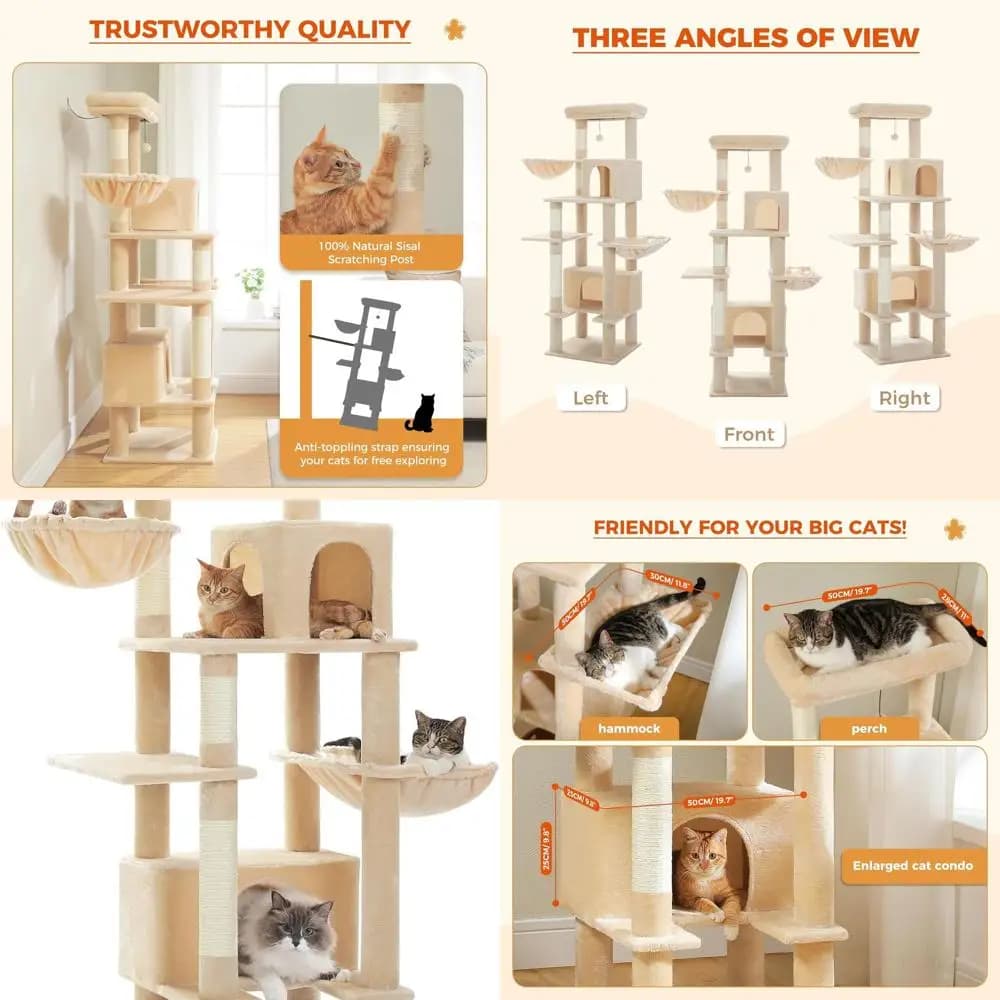 Grande albero per gatti da interno 66 con tiragraffi in sisal, amaca in metallo e 2 grandi condotti, beige