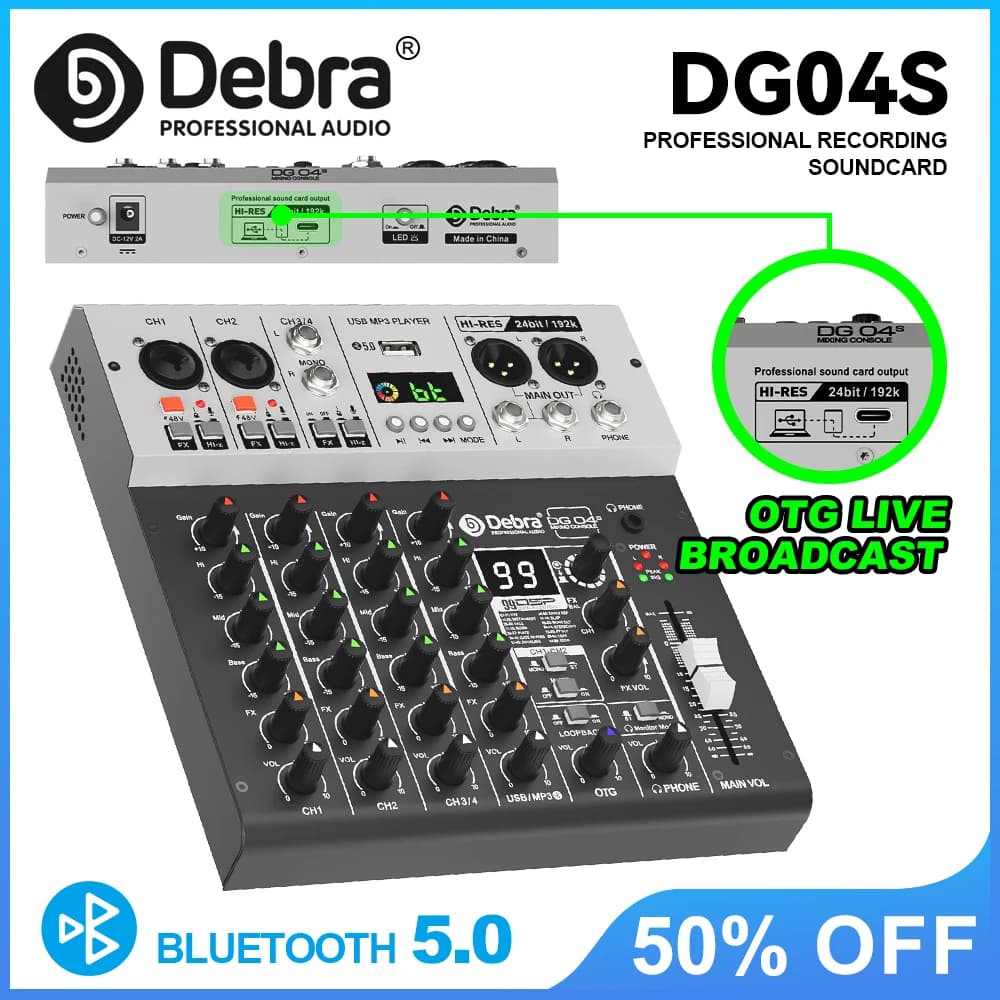 Scheda Audio Professionale Debra DG04S con Riverbero Digitale, Bluetooth 5.0, OTG, Alimentazione 48V per Trasmissioni Live