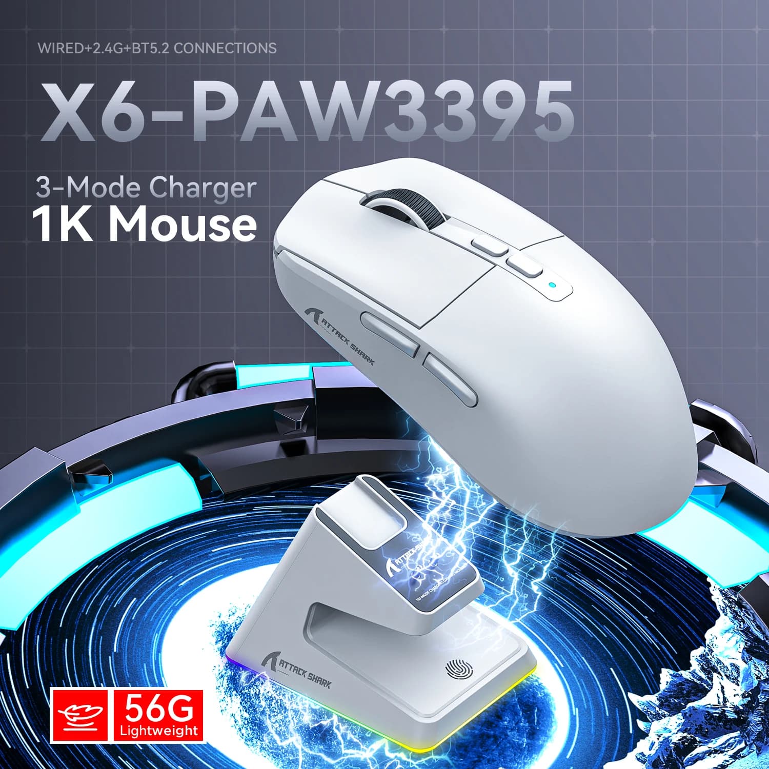 ATTACK SHARK X6 Mouse da gioco magnetico a ricarica rapida wireless 56g-PAW3395 26K DPI, Tri-Mode BT5.2/2.4G/cablato, batteria 200H, RGB