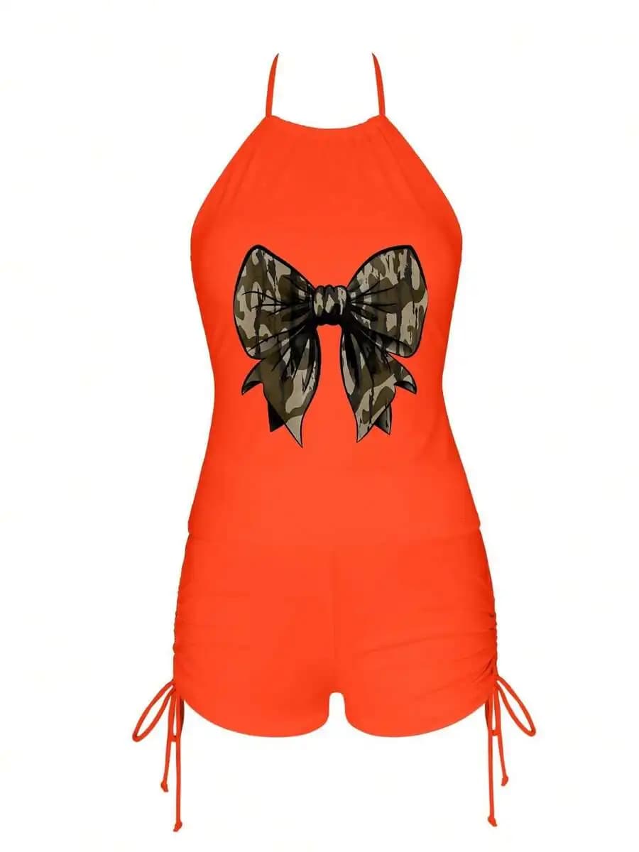 Womens Orange Camouflage Bow Print Tankini Set With Drawstring Shorts Modest Tummy Control Swimsuit