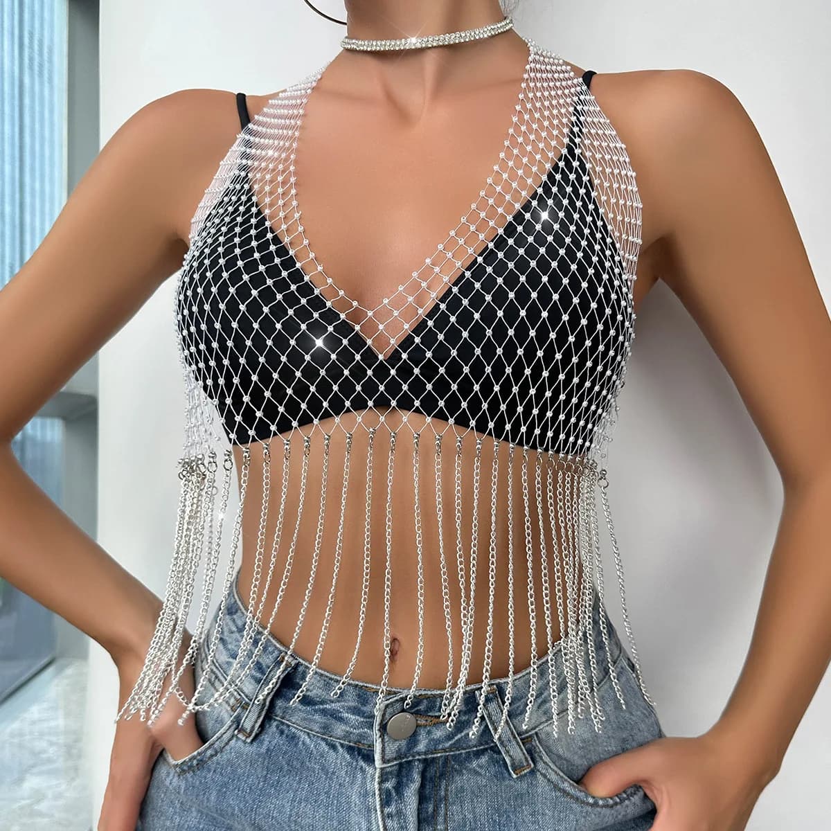 Top corto sexy con strass Summer Beach Vacation Party Club Maglia alta elastica con scollo a V V trasparente con nappe a catena di diamanti