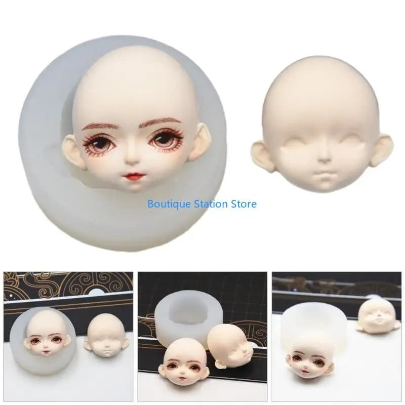 Y55F Faccia bambola Stampo in Silicone Testa bambola del fumetto Stampo in argilla Stampi per viso in silicone Forniture