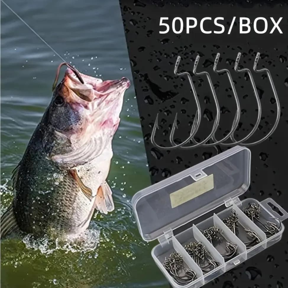 50 pcs/box without fine offset screw hooks with equipment box, endless screw fishing hooks in high carbon steel Wide-lance hooks Soft bait