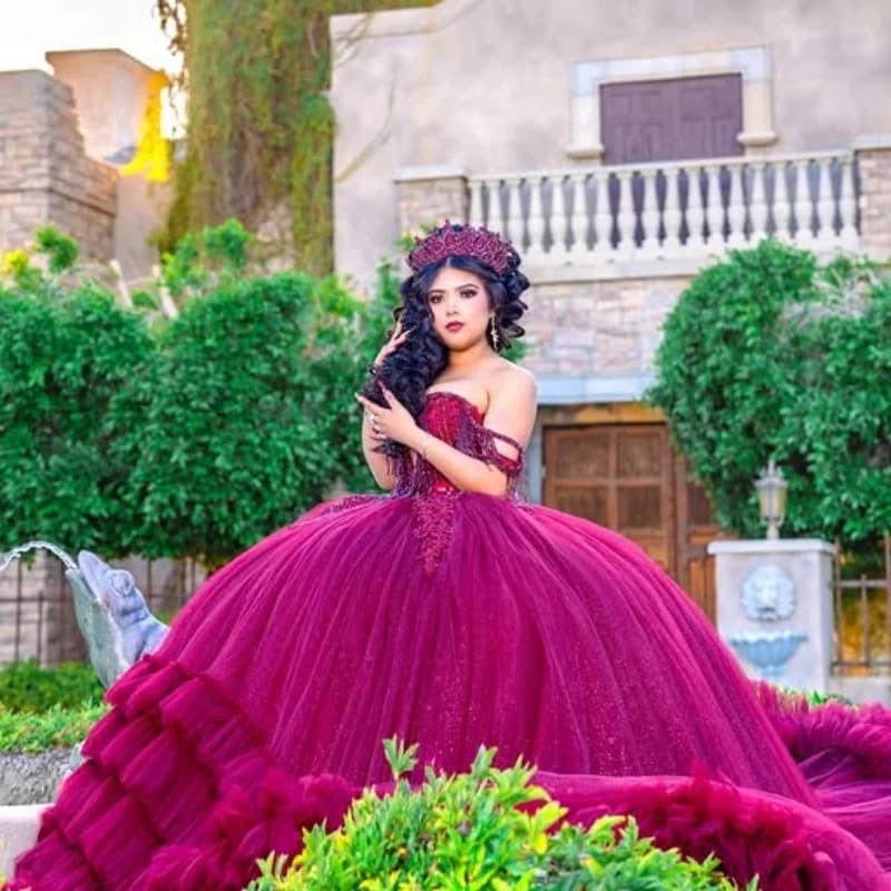 Abiti Quinceanera rossi rosa lucidi personalizzati con spalle scoperte Tull stratificazione di cristalli applique in pizzo Vestido De 15 Quinceanera