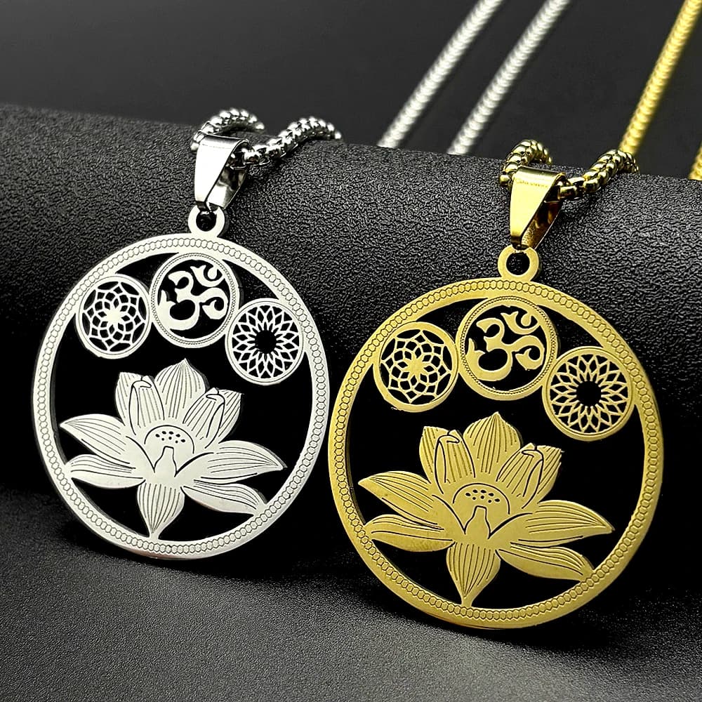 Lotus Flower OM Symbol Hindu Buddhist Mandala Necklace for Women Stainless Steel Gold Silver Color Dreamcatcher Chain Jewelry