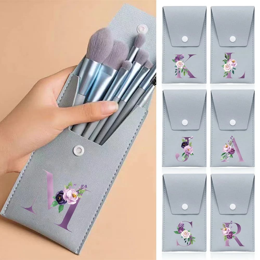 Set of 8 Women's Makeup Brushes with Storage Bags, Travel Essentials, Softs and Blowjobs, with Initials and Patterns in Purple Letters