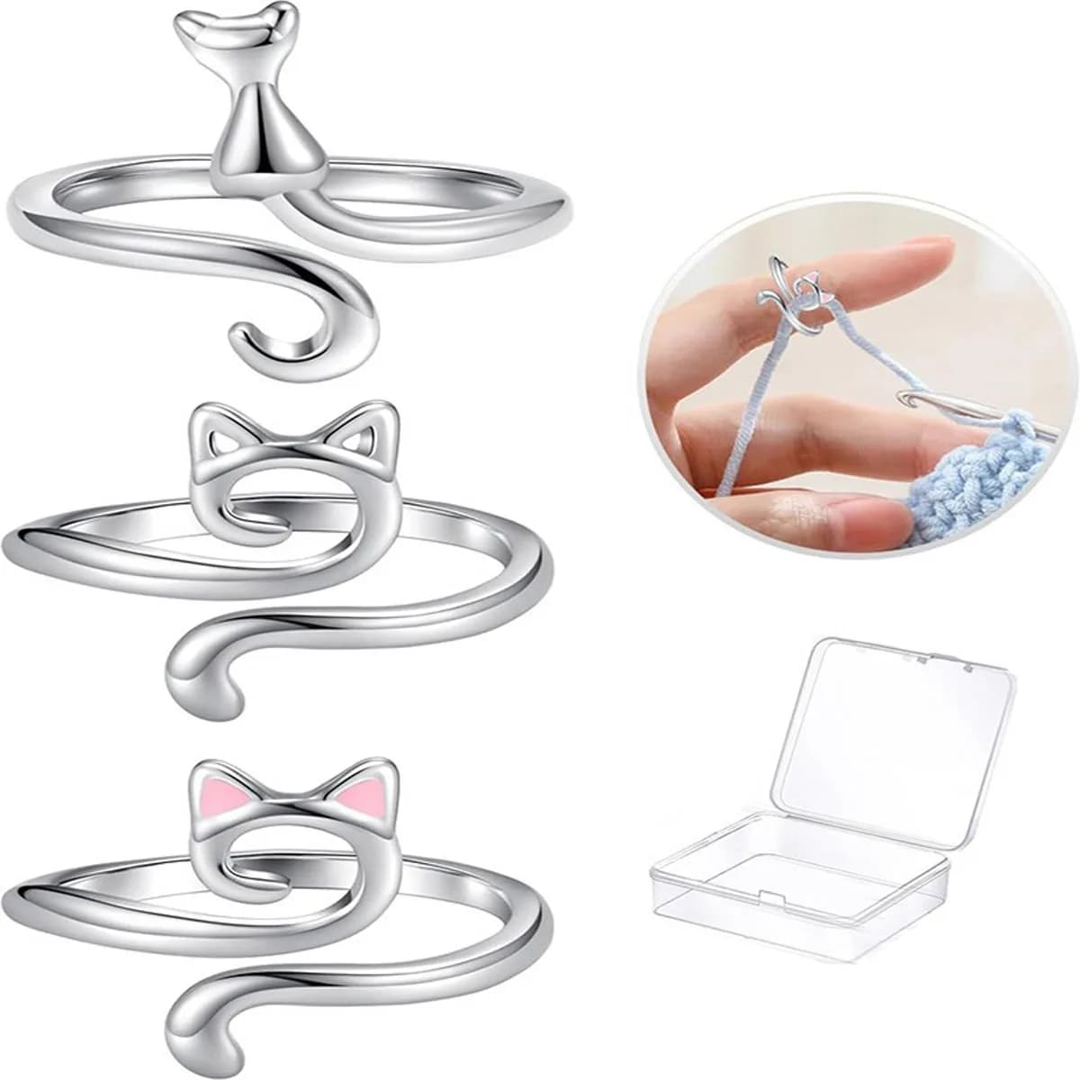 Uncinetto da 3 pezzi/set con anello per filo, strumento per avvolgere il filato fatto a mano, anello personalizzato, fornito con scatola di immagazzinaggio