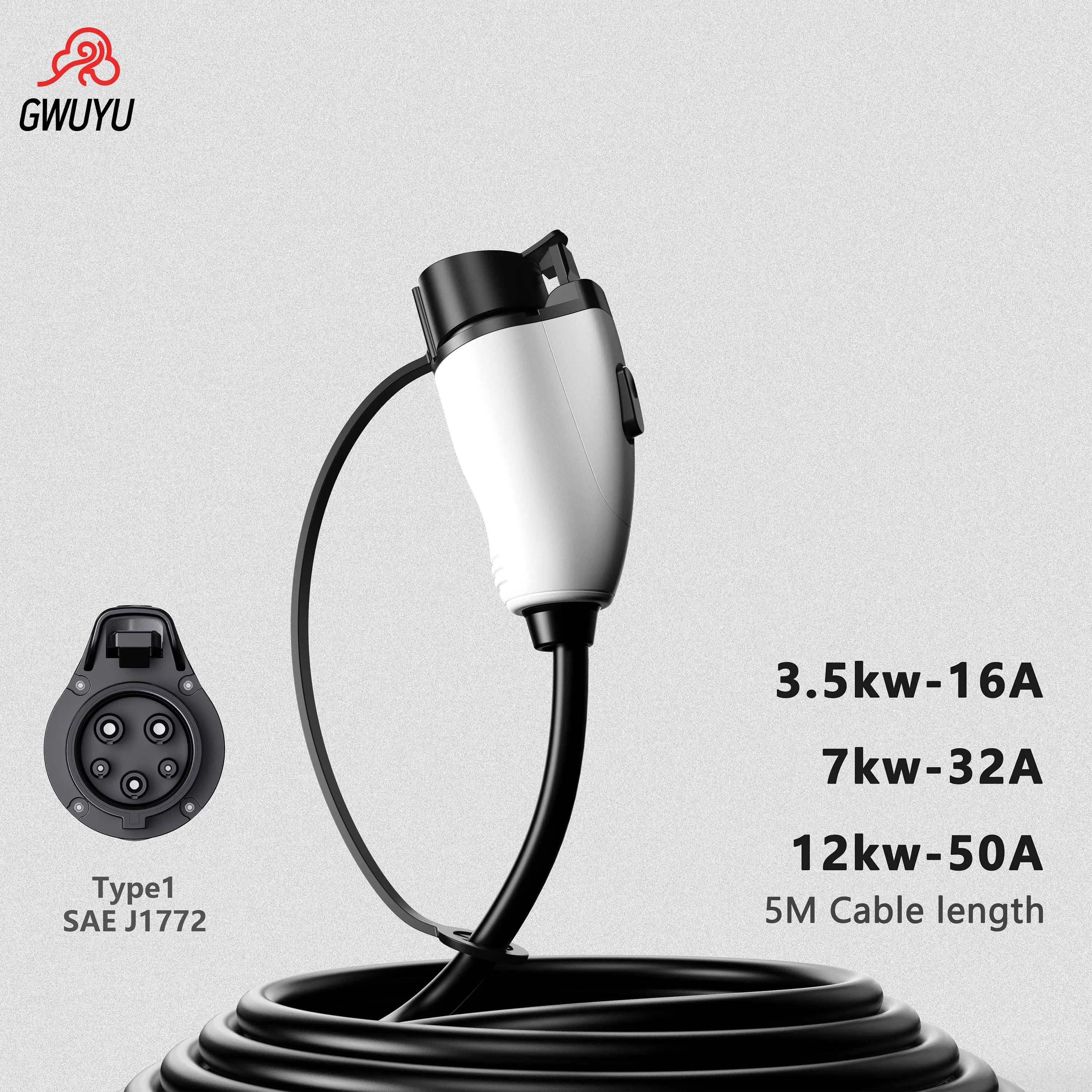 GWUYU SAE J1772 Tipo 1 AC Pistola di Ricarica EV 16A 32A 50A Connettore Caricabatterie EV Portatile Compatto Standard USA