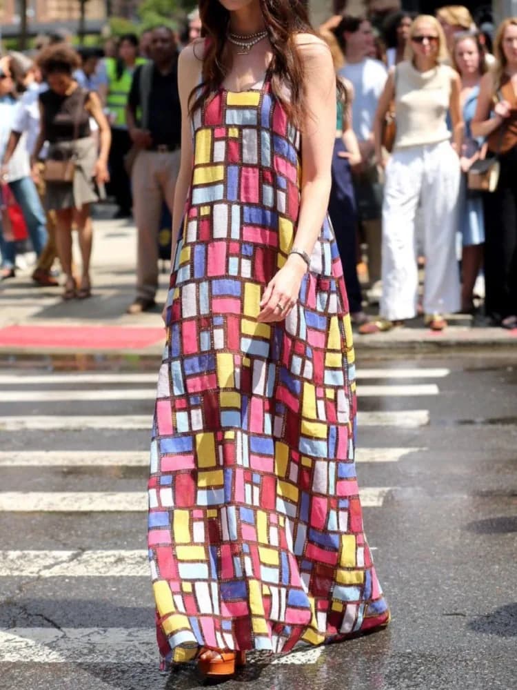 2026 Primavera Estate Nuovo Abito da vacanza al mare Moda donna Stampato colorato Girocollo senza maniche Gonna lunga ampia fino al pavimento