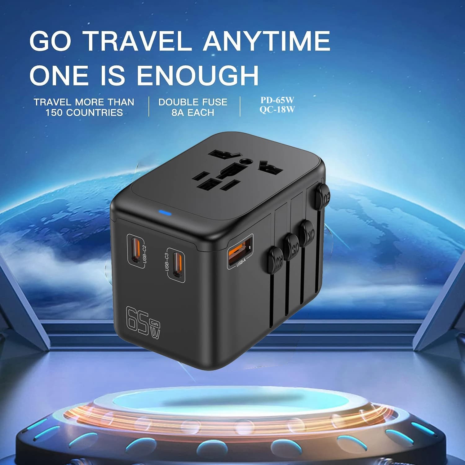 65W/45W GaN International Travel Adapter with 1USB 3 Type C GaN Fast Charging Adapter with EU AU US UK Plug for Wall Charger
