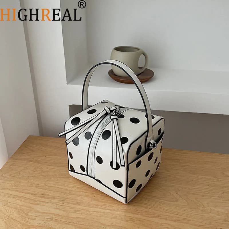 Borse a pois da donna, borsa a secchiello in pelle PU con manico superiore, borsa a tracolla regolabile da donna