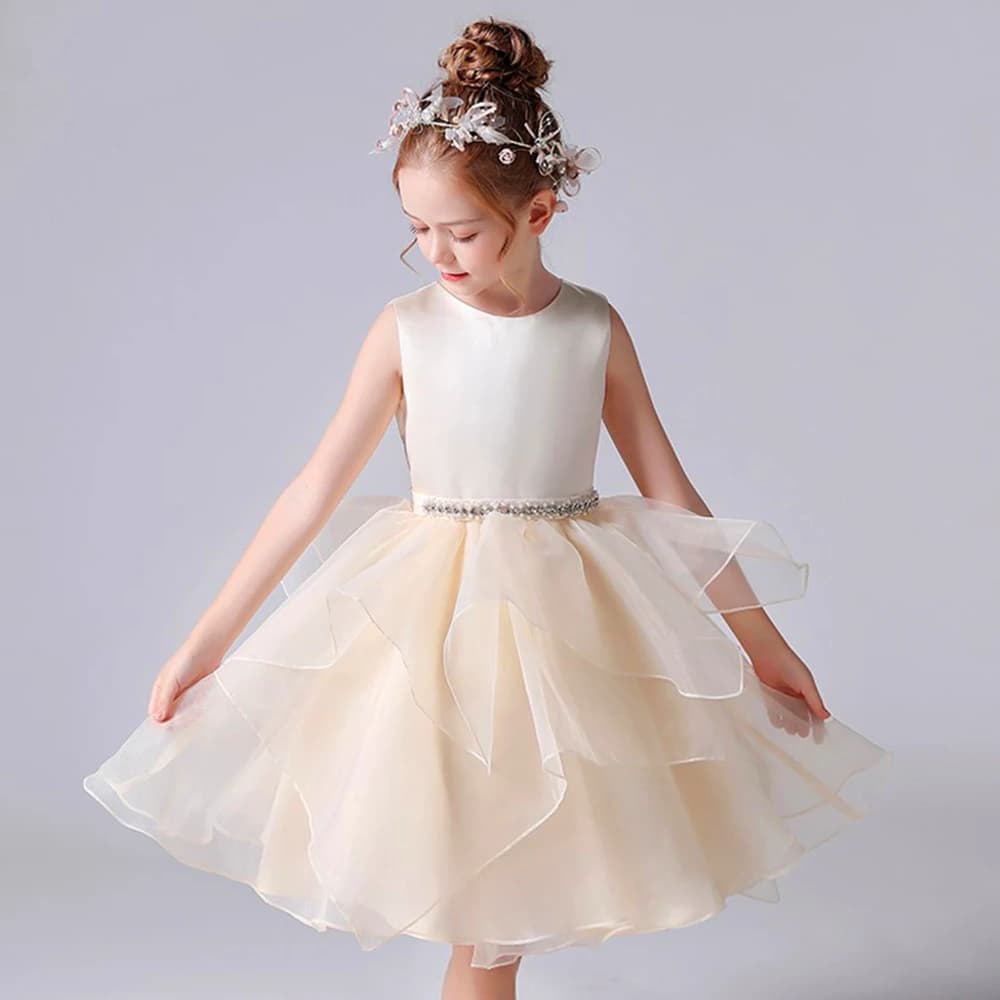 Bellissimo abito da ragazza di fiore champagne chiaro senza maniche in tulle soffice a strati piccola principessa ballo abiti da sera per feste di compleanno per bambini