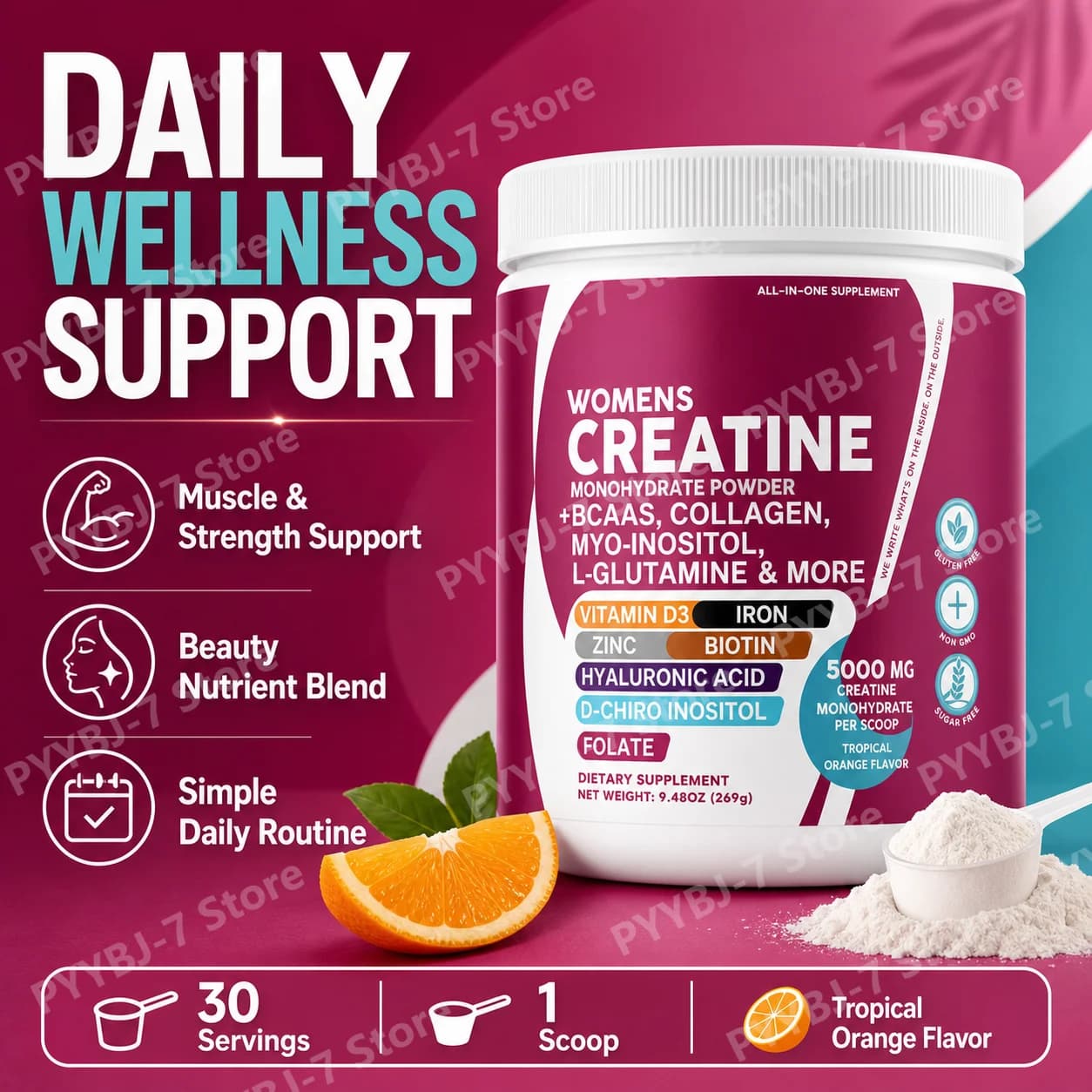 Female Creatine Powder Creatine Monohydrate Powder with BCAA & Amino Acids, Daily Health and Nutrition Dietary Supplement