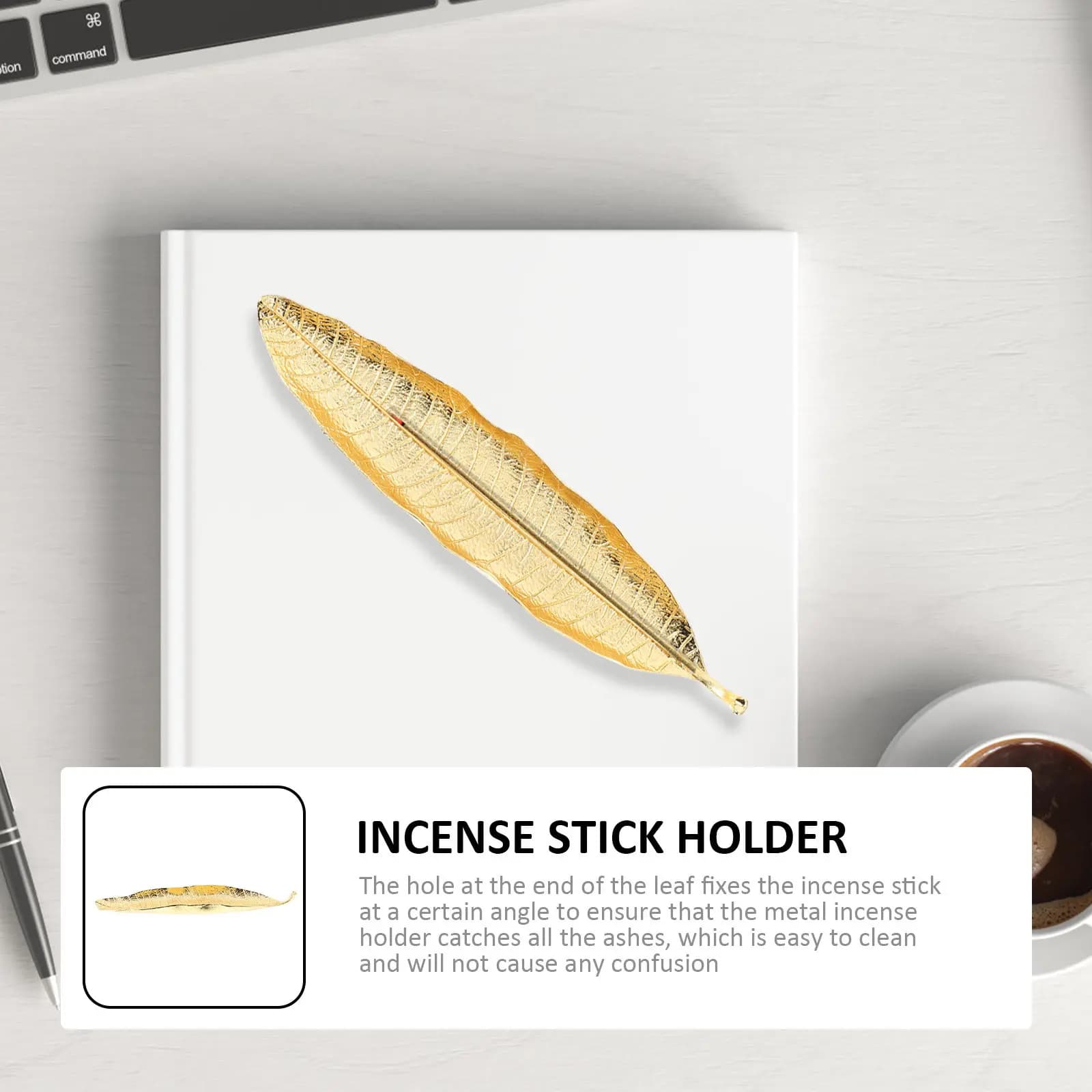 Brass Bodhi Leaf Incense Stick Holder Golden Smooth Surface Flat Base Non Slip Indoor Censer for Study Kitchen Dining Room Decor