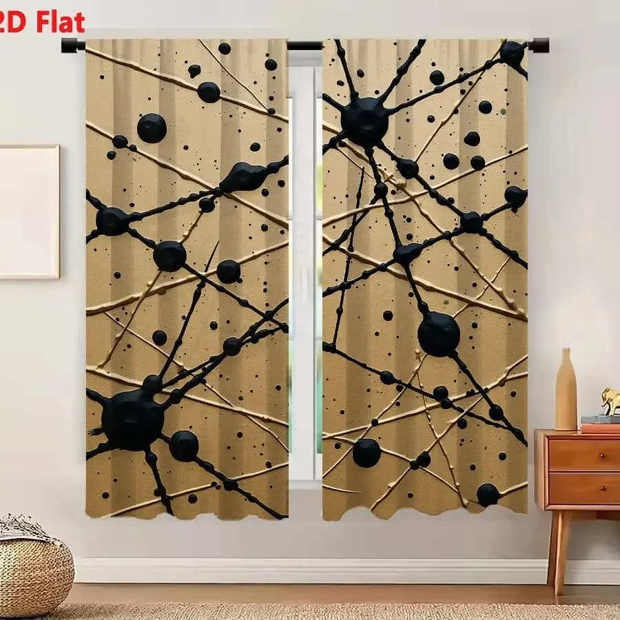 2Pcs Curtains 2D Flat Abstract Neuron Network Art With Black And Gold Lines On Beige Background Window Drapes for Bedroom Room D