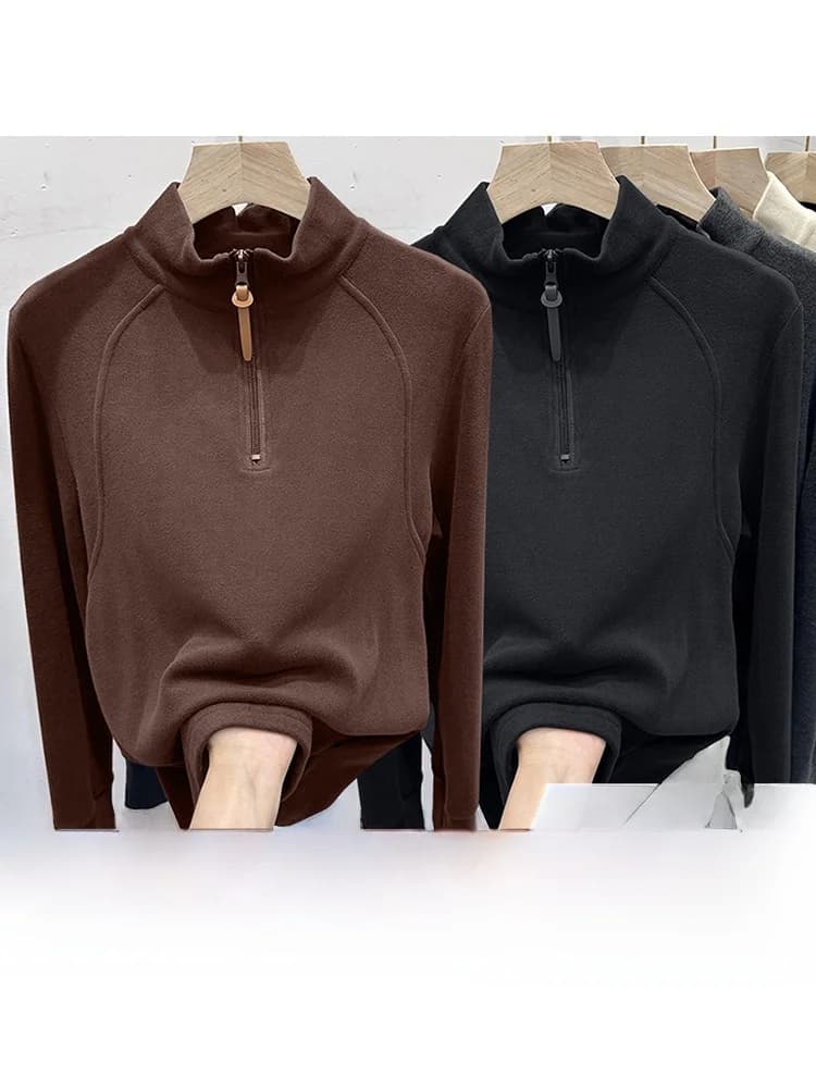 Women's Zipper Hoodie Long Sleeve Stand Collar Thermal Shirt Winter Fashionable Inner Wear Polyester Fiber Thickened Sweatshirt
