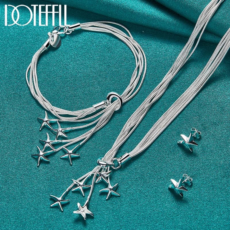 DOTEFFIL 3pcs 925 Sterling Silver Starfish Snake Chain Necklace Bracelet Earring Set For Woman Man Wedding Fashion Charm Jewelry