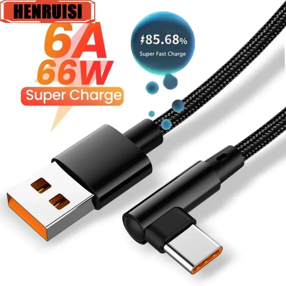 66W 6A 90 ° Cavo dati di ricarica rapida a gomito Cavo di trasmissione dati USB tipo C per cavo di ricarica rapido per telefono Xiaomi Huawei Samsung