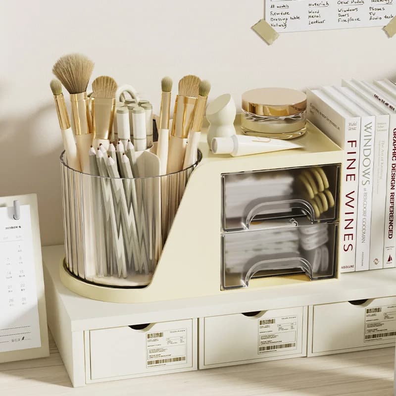 Porta pennelli da trucco girevole da scrivania — Organizzatore per cosmetici da toeletta e scrivania, supporto per rossetti e portaoggetti