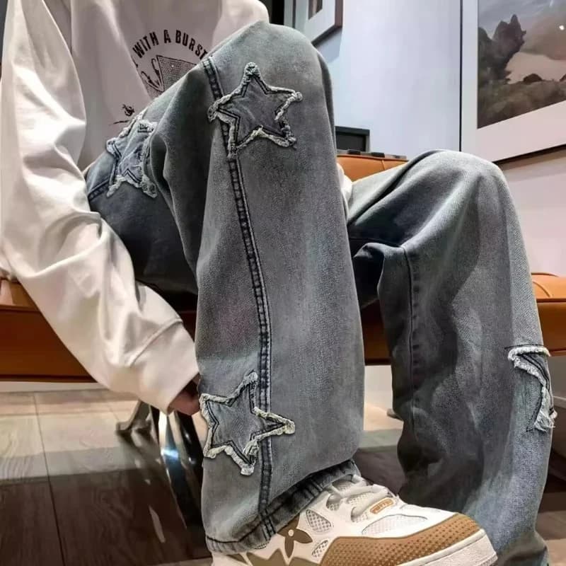 Jeans larghi alla moda ricamati a stella da uomo nuovi Y2K Streetwear Pantaloni in denim larghi dritti oversize Hip Hop Pantaloni a gamba larga