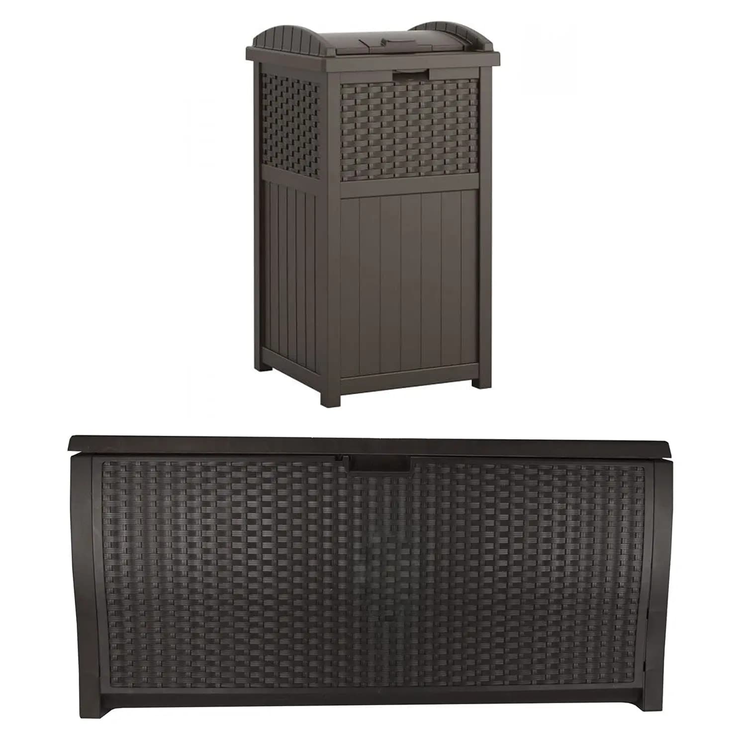 33 Gallon resin waste basket with lid, 99 Gallon patio outdoor container, wicker design, weatherproof, brown, customizable