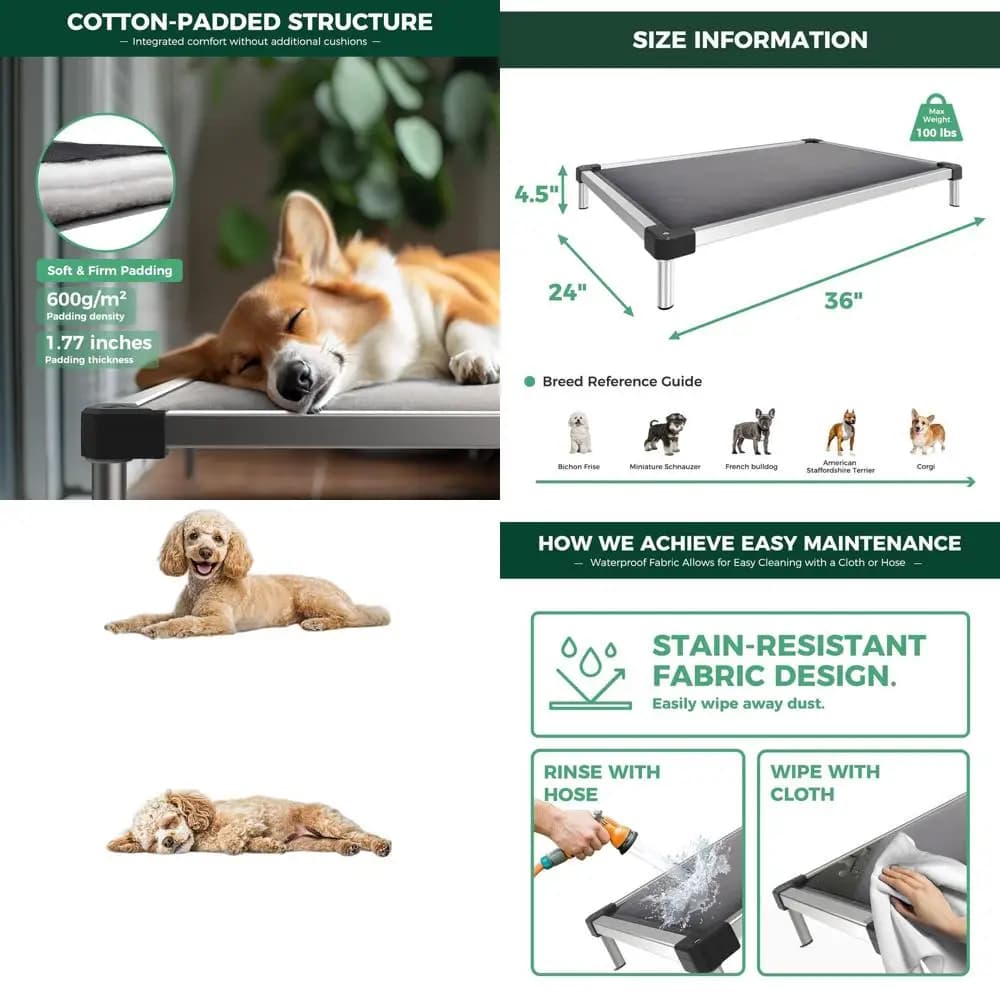 Letto Rialzato per Cani - Resistente, Lavabile, per Interni/Esterni, Cuccia Rialzata per Cani di Piccola Taglia, 91x61x11,5 cm, Grigio
