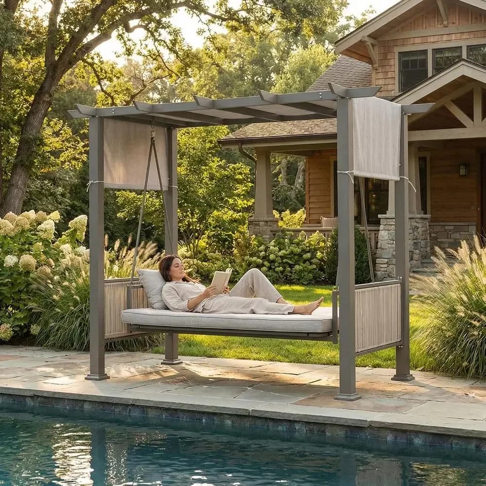 4-Seat Outdoor Swing Bed with Pergola, Adjustable UV Protection and Curtains, Cushioned Seats, Rust-Resistant, PE Rattan Arms