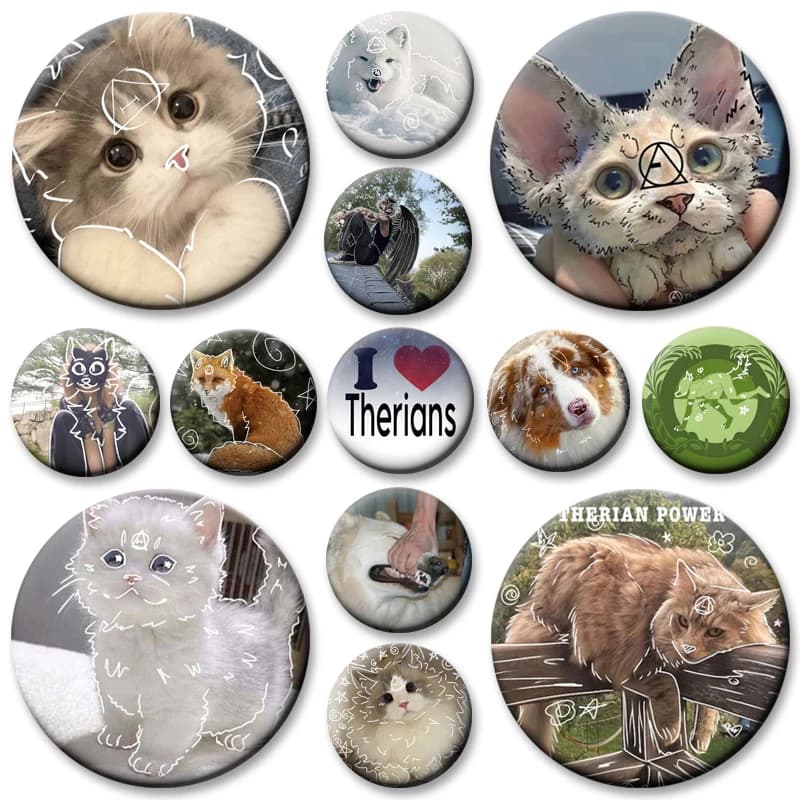 I Like Therian Heart Kawaii Brooches Theta Delta Therian Sign Fox Cat Cartoon Button Pins Round Display Badge Accessories Gifts