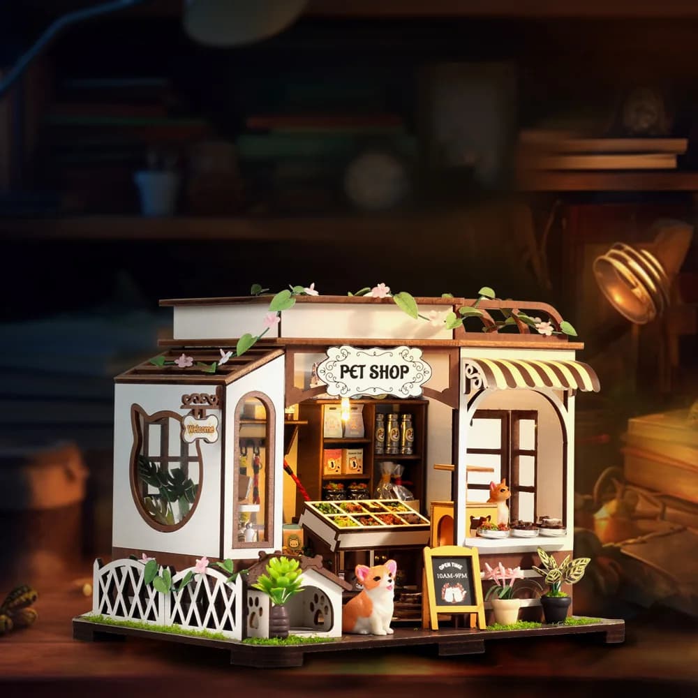 Fai da te in legno negozio di animali cottage case delle bambole kit modello in miniatura casa delle bambole con mobili luci a LED per regali di compleanno di amici
