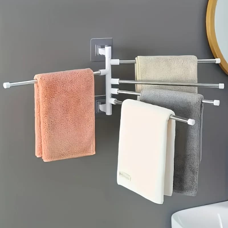 Stainless Steel No Drill Towel Rack 5 Swivel Bars Wall Mount for Bathroom Kitchen Rustproof Space Saving Heavy Duty Holder