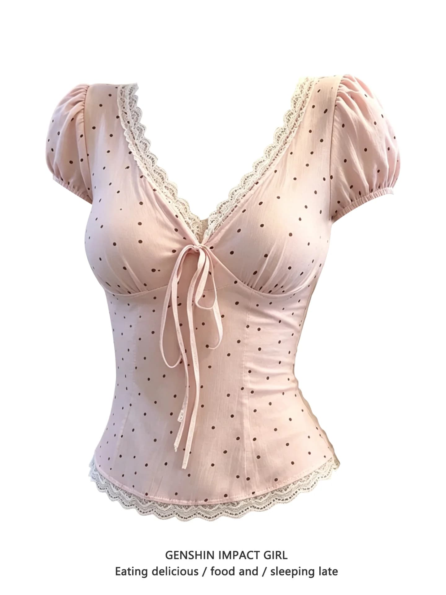 Korean Style Lace V-Neck T-Shirt Summer New Slim Fit Polka Dot Print Belt Short Sleeve Beautiful Trendy Women's Top