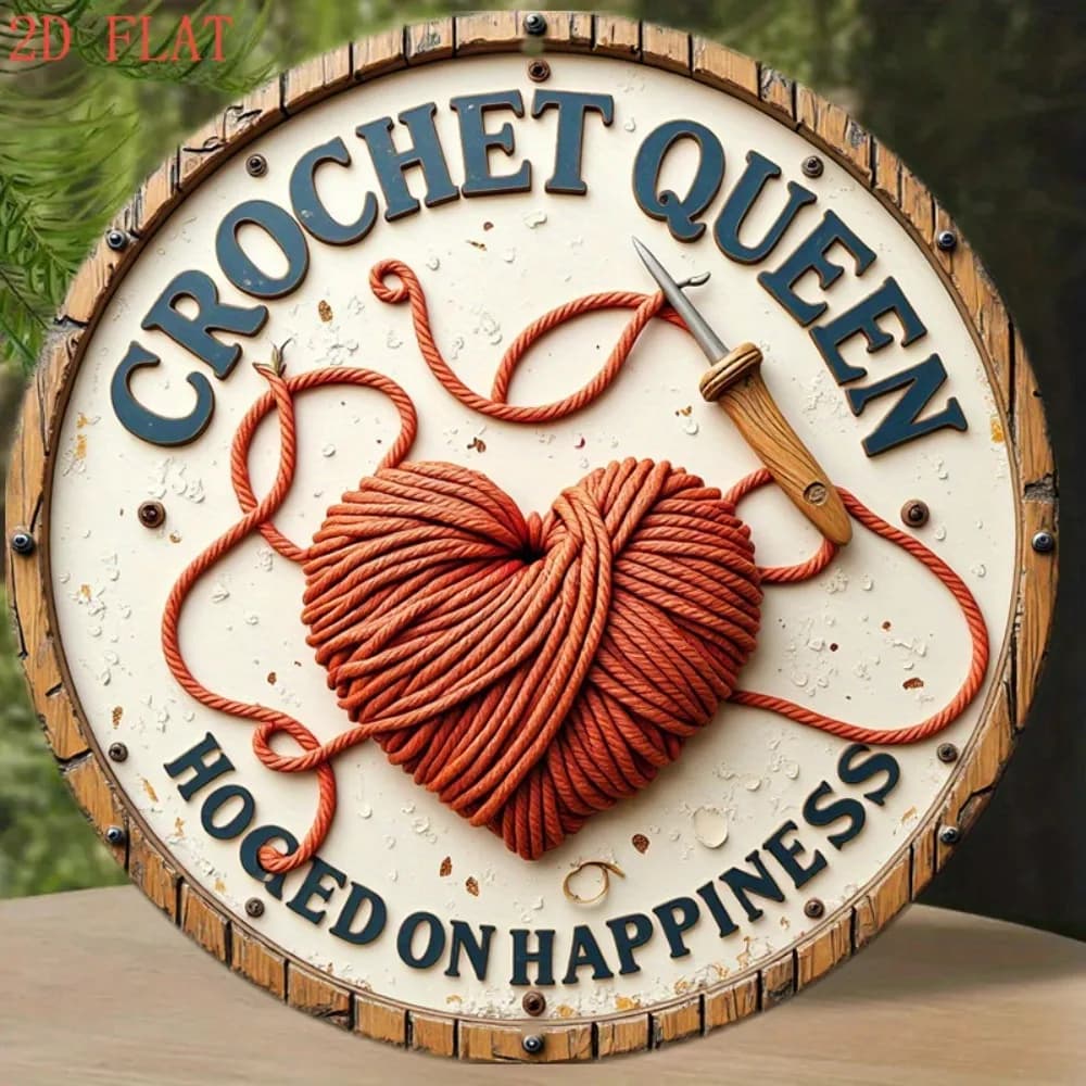 Decorazione Murale in Lamiera di Ferro e Alluminio, Arte 2D Piana con Crochet, Design a Cuore e Gancio, Rotondo da 8 Pollici, Stile Rustico Senza Cornice