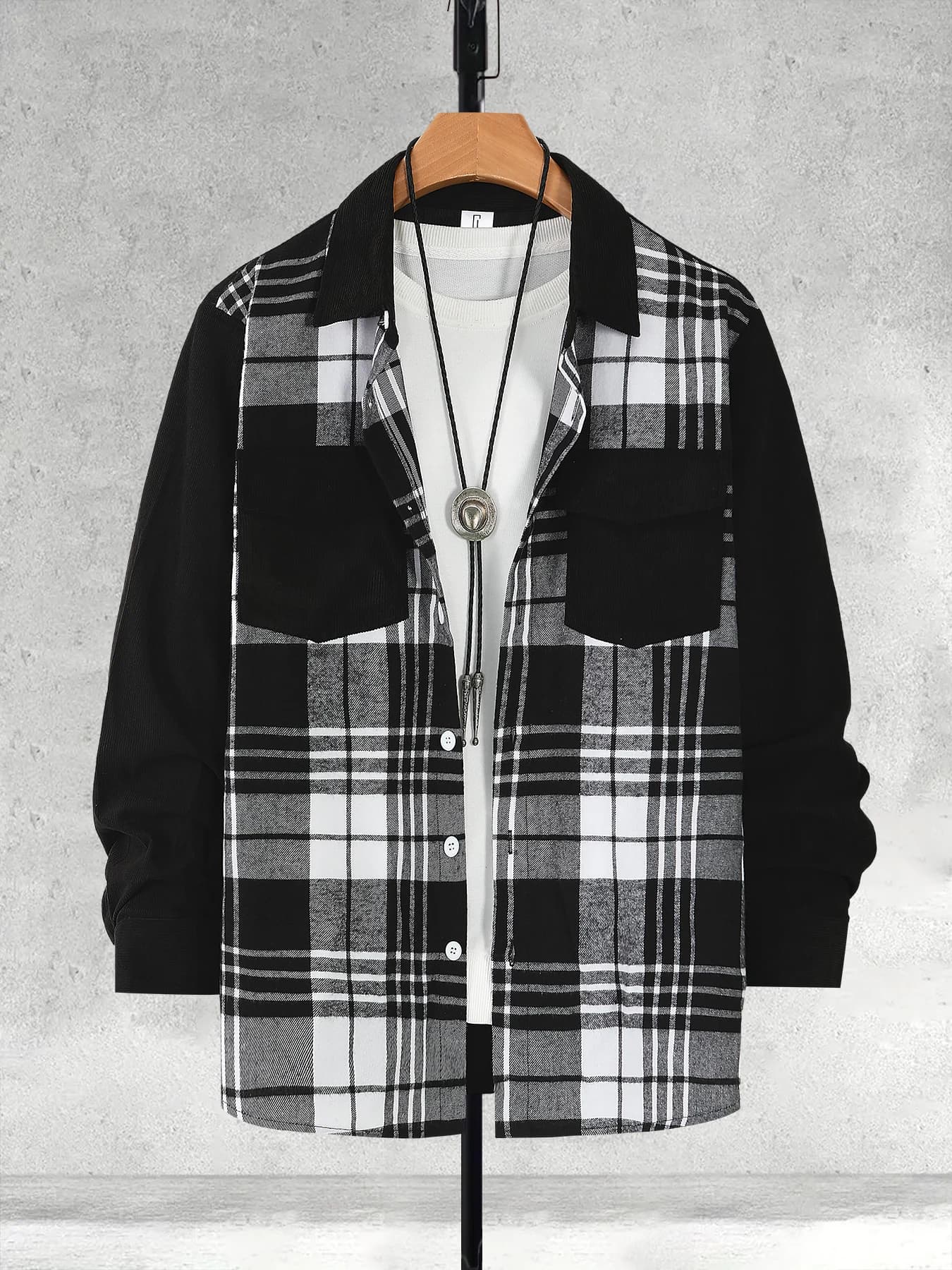 Men's Corduroy Patchwork Plaid Long Sleeve Shirt Spring Autumn Double Pocket Lapel Collar Casual Blouse