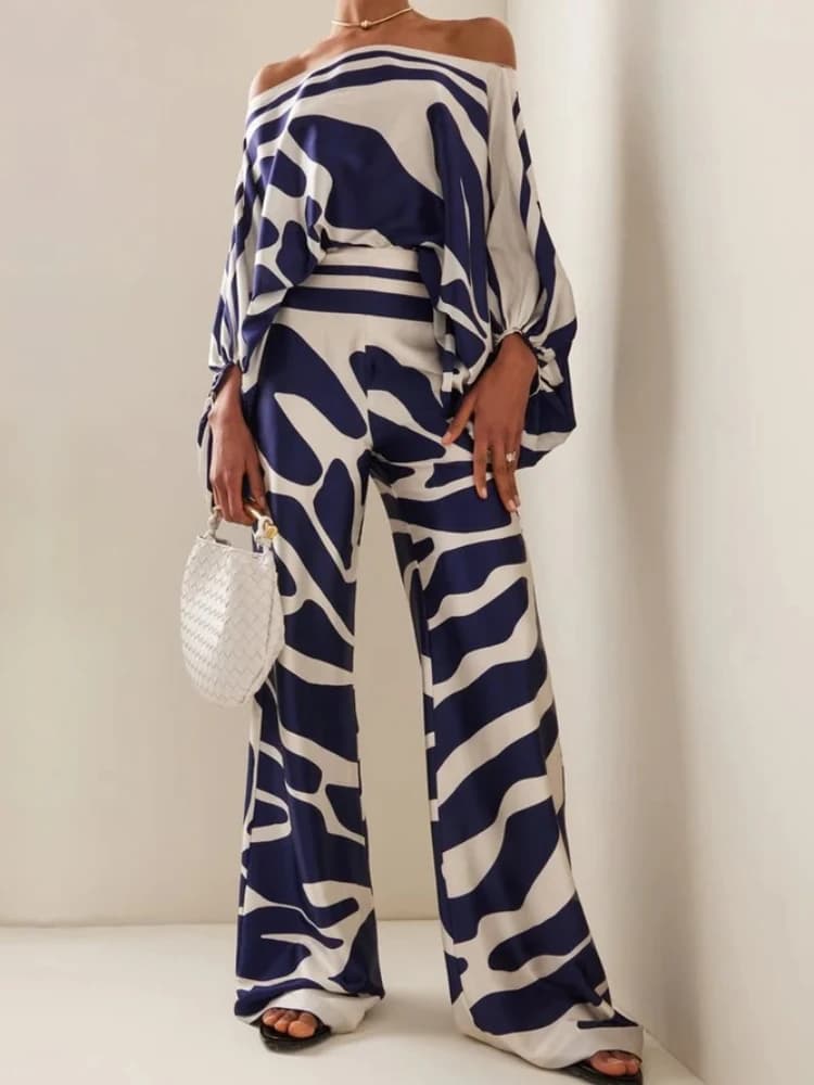 Women's set in 2 pieces printed satin, top with lantern sleeves with uncovered shoulders, wide leg pants, elegant Traf Official Store office shirt
