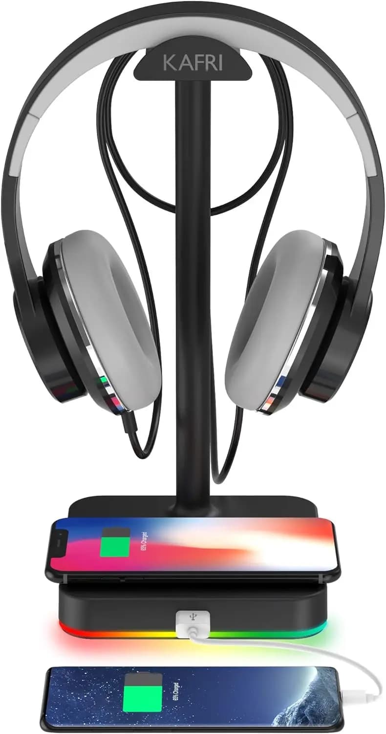 Supporto per Cuffie RGB con Ricarica Wireless e Porta USB per Scrivanie da Gaming - 10W/7.5W Qi e QC 3.0