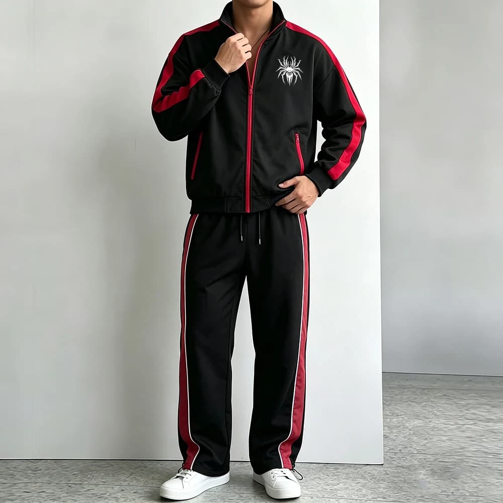 Men Side Striped Sports Suit Full Zipper Colorblock Jacket & Drawstring Hem Pants Spiky Legs Spider Print Casual Streetwear Set