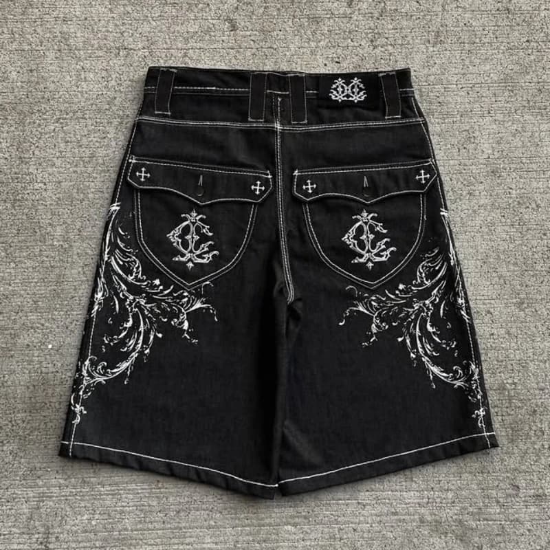 Pantaloncini in denim vintage Y2K, nuovi e popolari, con ricamo a tasche, modello Vulturi, Jorts Harajuku, trendy, gotico, punk, pantaloni larghi da uomo e da donna