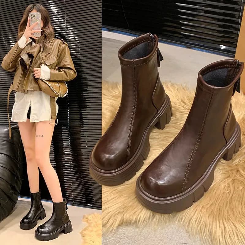 Stivaletti 2026 con punta tonda, tacco medio, cerniera, alla moda, versatili, stile britannico, da donna