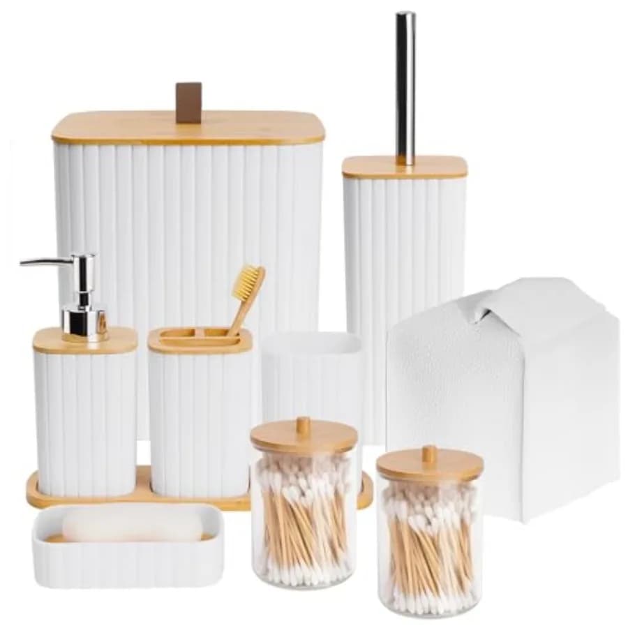 Set di Accessori per il Bagno - 10 Pezzi Completi con Cestino, Portaspazzolino, Portabicchieri, Dispenser Sapone, Portasapone e Accessori per WC