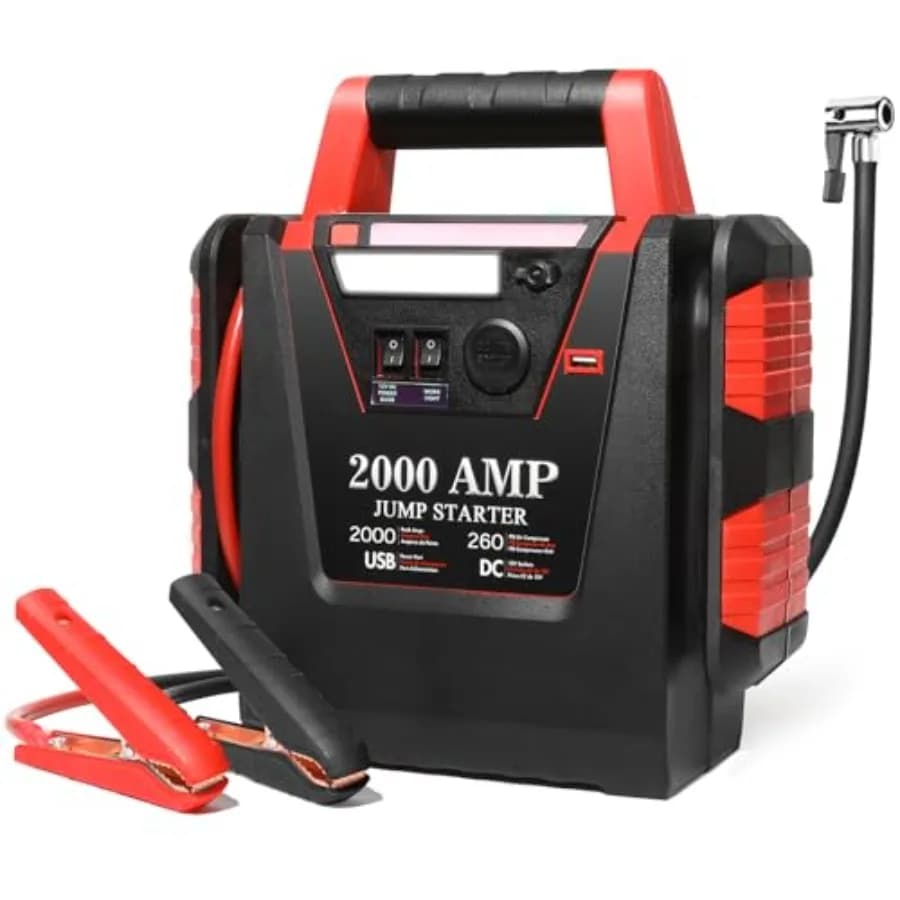 Avviatore di Emergenza con Compressore d'Aria 2000A, Gonfiatore Pneumatici 260 PSI, Booster 6 in 1 per Batterie Auto al Piombo-Acido